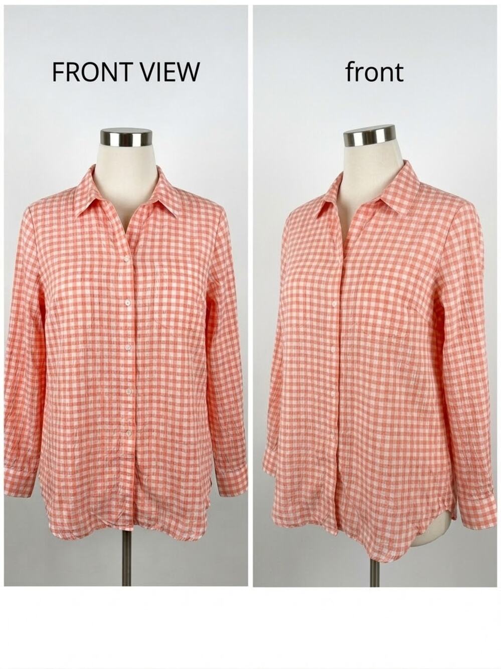 Chico's Orange White Gingham Check Button Down Shirt Size 3 XL 16/18 Long Sleeve
